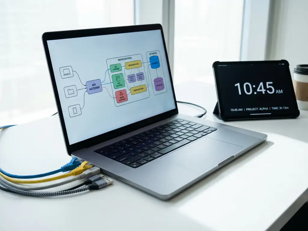 Moderne laptop met kleurrijke API-diagrammen op scherm, aangesloten kabels en tablet met tijdtracking op wit bureau