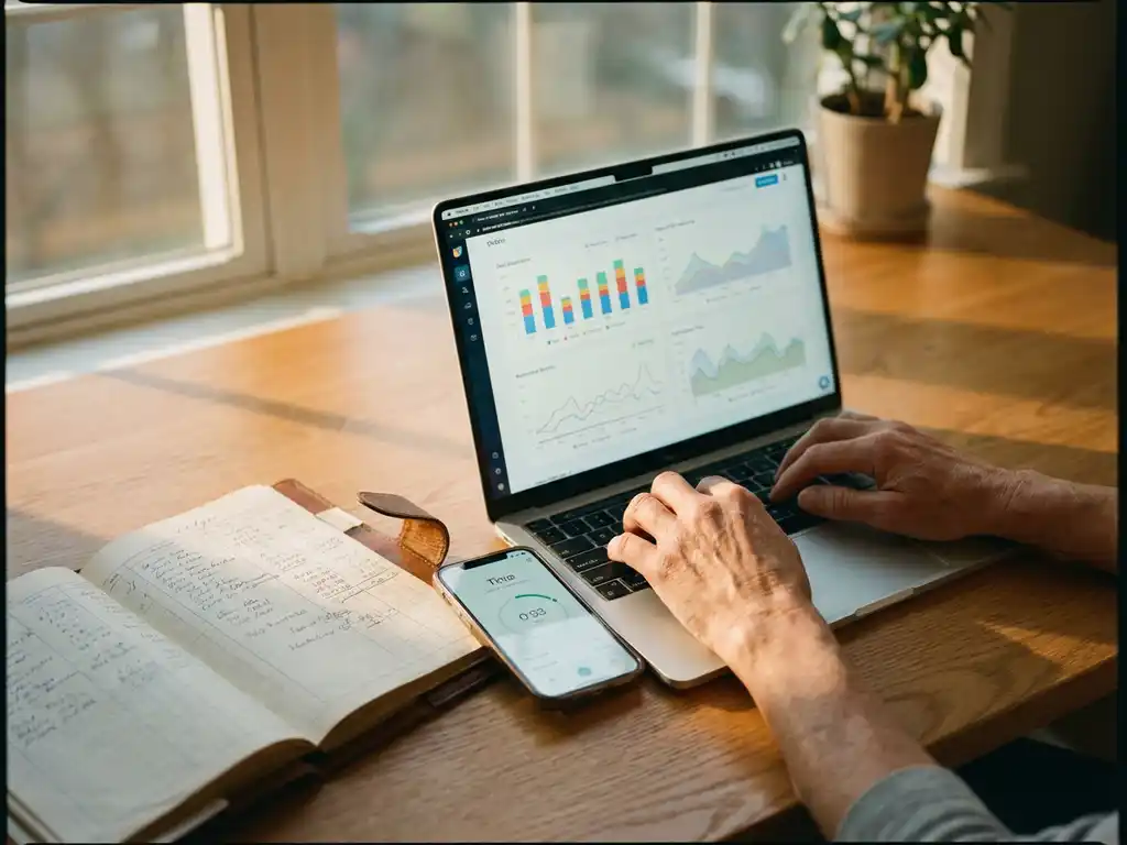 Moderne laptop met kleurrijke datagrafieken op houten bureau naast handgeschreven boekhouding en smartphone