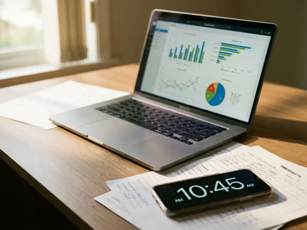 Laptop toont kleurrijke datagrafieken op bureau met tijdregistratie documenten en smartphone in modern kantoor