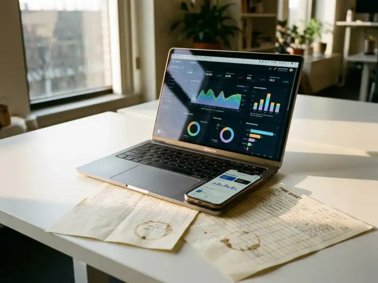 Laptop met kleurrijke data dashboards op scherm, smartphone en tijdregistratie papieren op wit bureau in kantoor