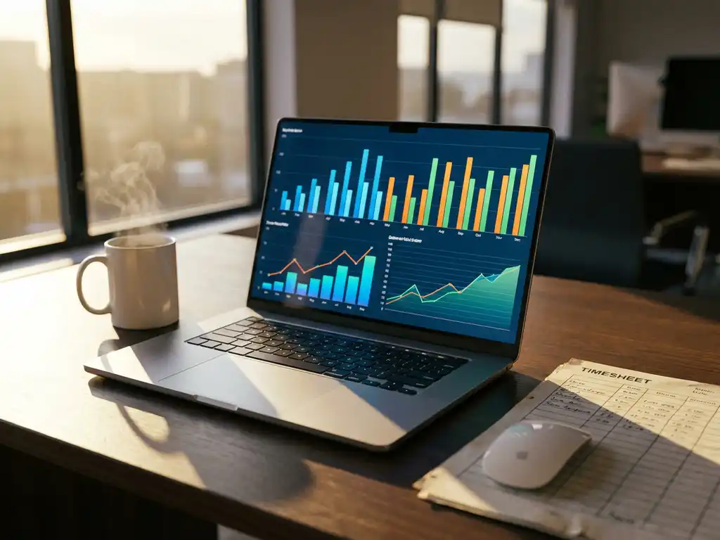 Laptop met kleurrijke datavisualisatie grafieken op scherm naast papieren timesheet op modern kantoorbureau