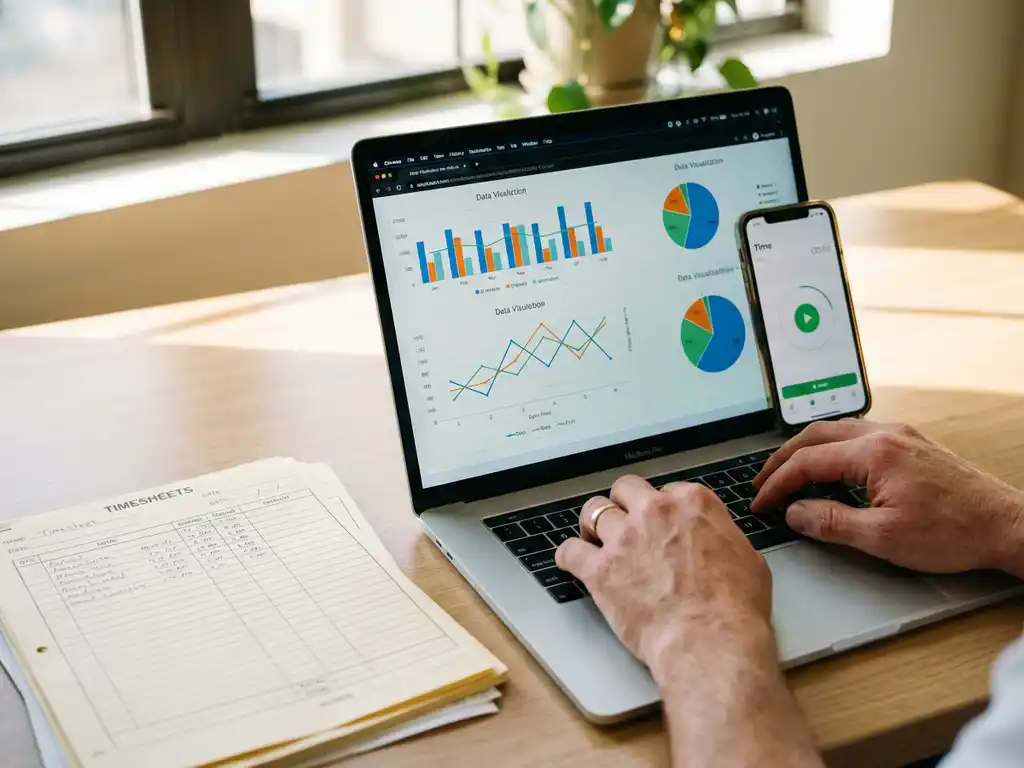 Laptop met kleurrijke datavisualisatie grafieken op houten bureau naast papieren urenstaten en smartphone met tijdregistratie-app