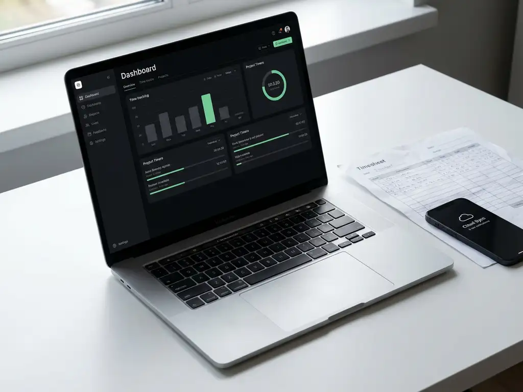 Moderne laptop met tijdregistratie-dashboard op wit bureau naast papieren timesheet en smartphone met cloudsync