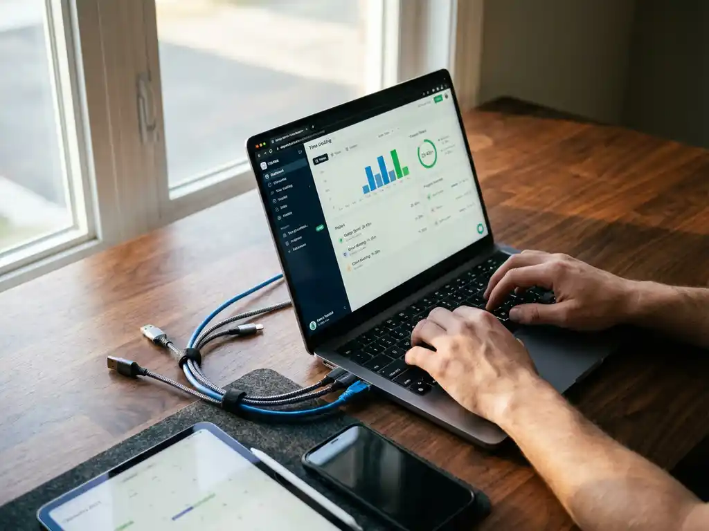 Laptop met digitale tijdregistratie-interface op houten bureau, aangesloten op tablet en smartphone via USB-kabels
