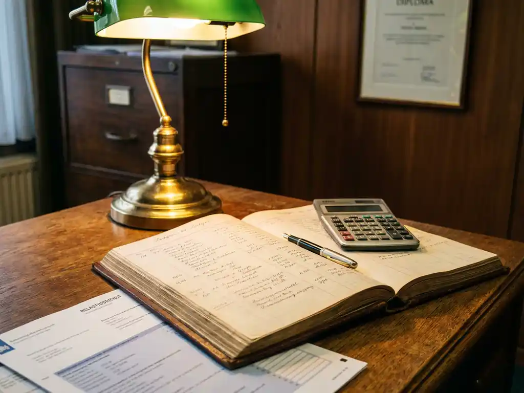 Nederlandse accountant bureau met open grootboek, rekenmachine, belastingformulieren en bureaulamp op houten tafel
