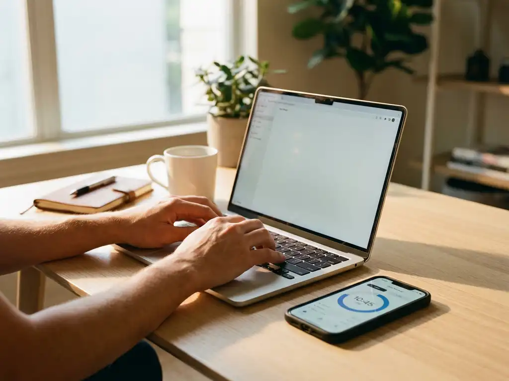 Professionele handen typen op laptop met smartphone met tijdregistratie-app op minimalistische werkplek bij raam