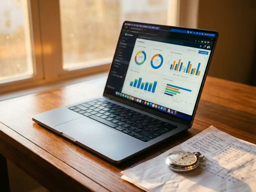 Laptop met kleurrijke projectanalyse grafieken op houten bureau naast stopwatch en tijdregistratie papieren in zonlicht