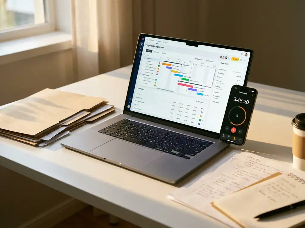 Laptop met kleurrijke projectbeheersoftware en tijdregistratie op wit bureau met mappen en smartphone in zonlicht