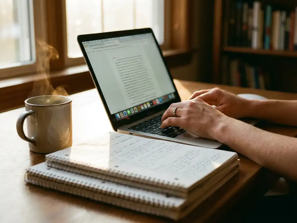 Handen typen op laptop toetsenbord met notitieboeken en koffie op houten bureau in warm zonlicht