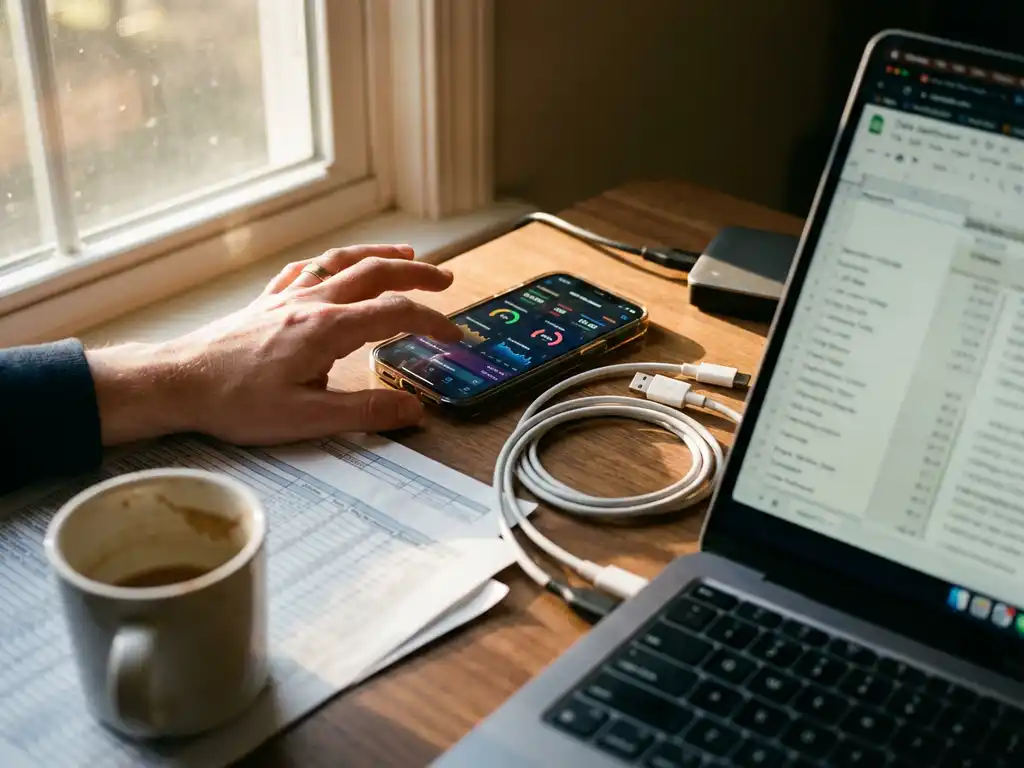 Smartphone met kleurrijk dashboard op kantoorbureau met laptop, spreadsheets en koffiekop in natuurlijk licht
