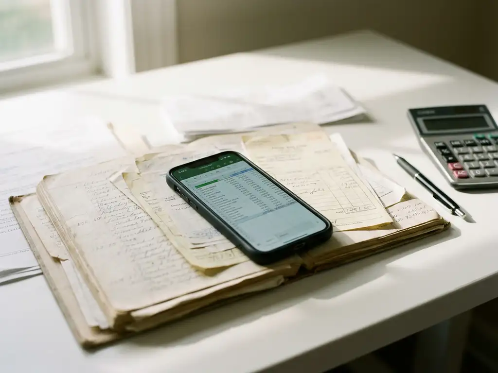 Smartphone met digitale spreadsheet op bureau met handgeschreven boekhouding, rekenmachine en pen