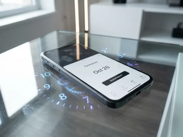 Moderne smartphone met digitale urenstaat-app op glazen bureau in minimalistisch kantoor met zachte LED-verlichting