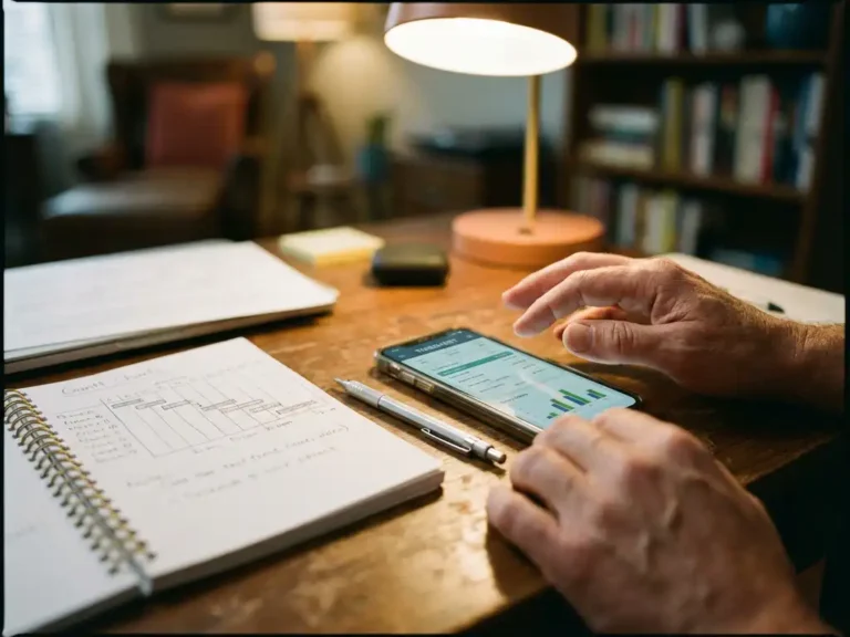 Smartphone met digitale tijdregistratie-app op houten bureau naast open projectplanning notitieboek met Gantt-grafieken