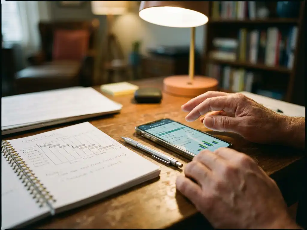 Smartphone met digitale tijdregistratie-app op houten bureau naast open projectplanning notitieboek met Gantt-grafieken