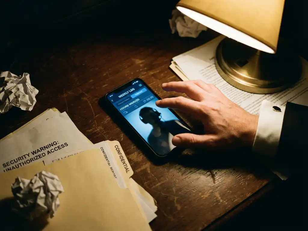 Zakenman houdt smartphone met tijdregistratie-app vast boven bureau met beveiligingsdocumenten, dramatische belichting