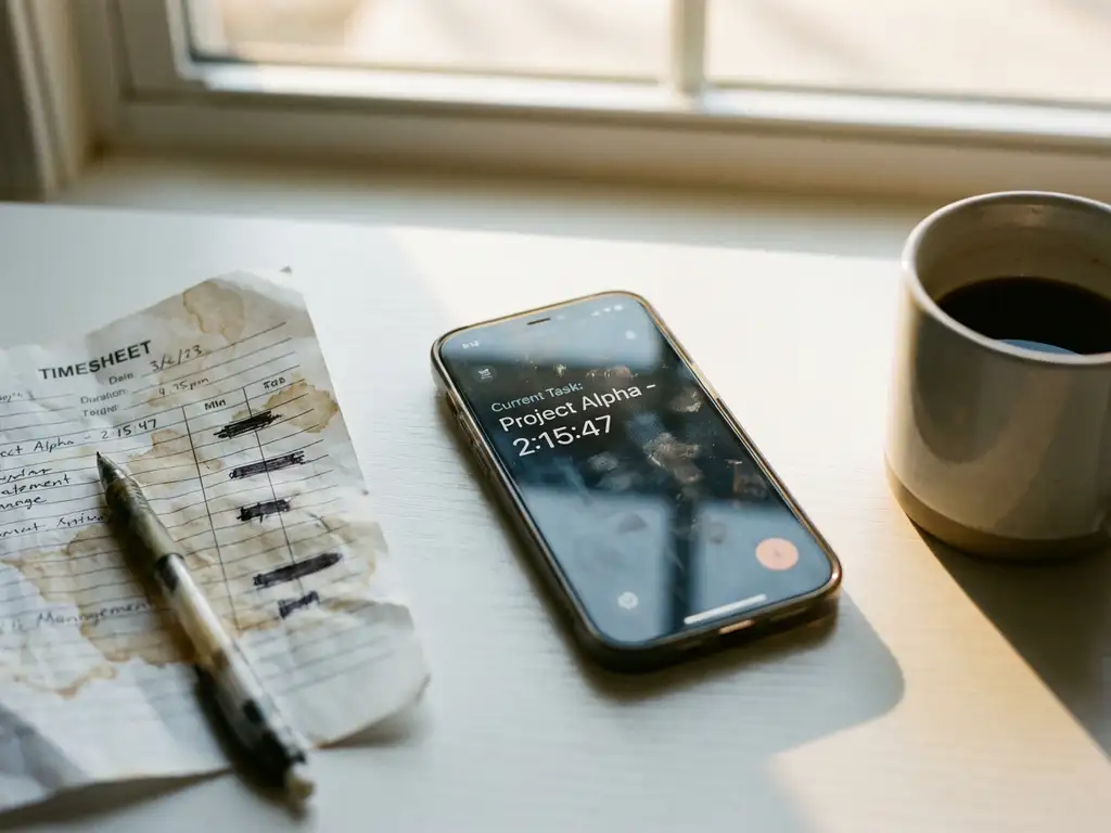 Smartphone met tijdregistratie-app op wit bureau naast verkreukeld papieren timesheet en koffiekop in kantooromgeving