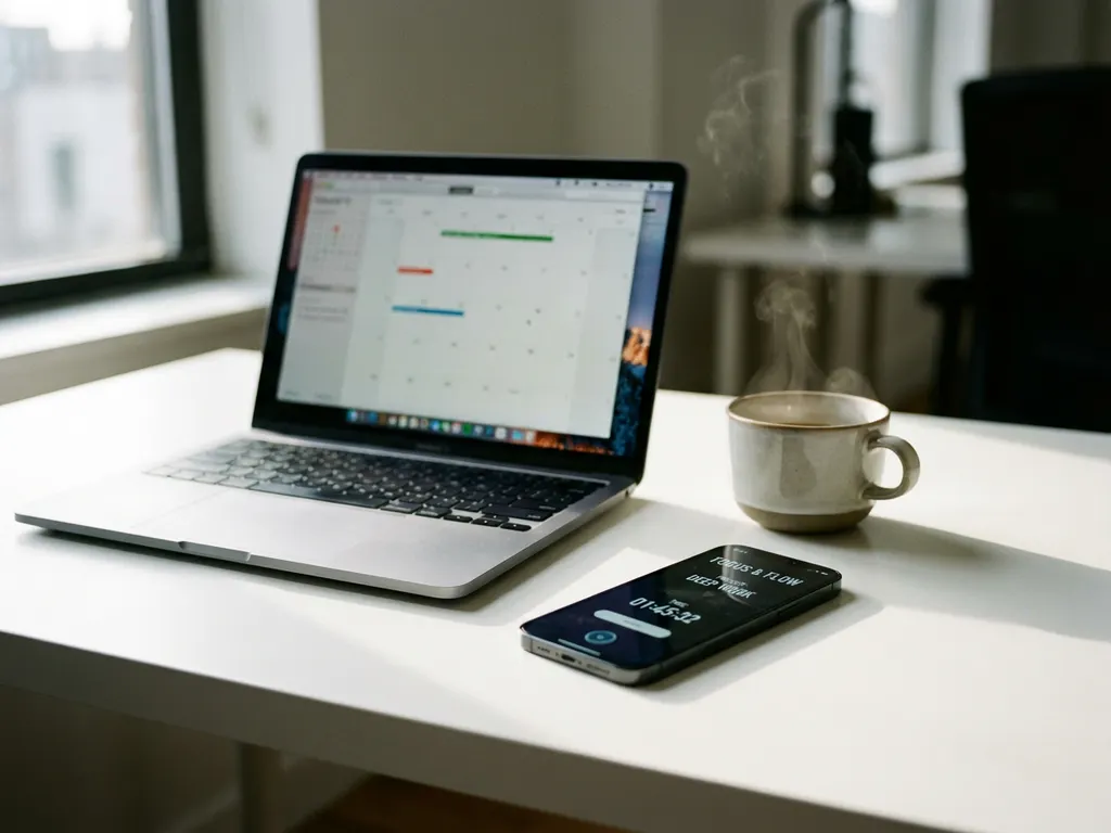 Smartphone met time-tracking app op wit bureau naast laptop en koffiekop in modern kantoor met natuurlijk licht