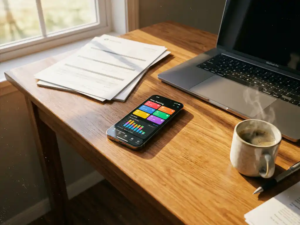 Smartphone met kleurrijke tijdregistratie-app op houten bureau naast laptop, documenten en koffiekop in werkruimte