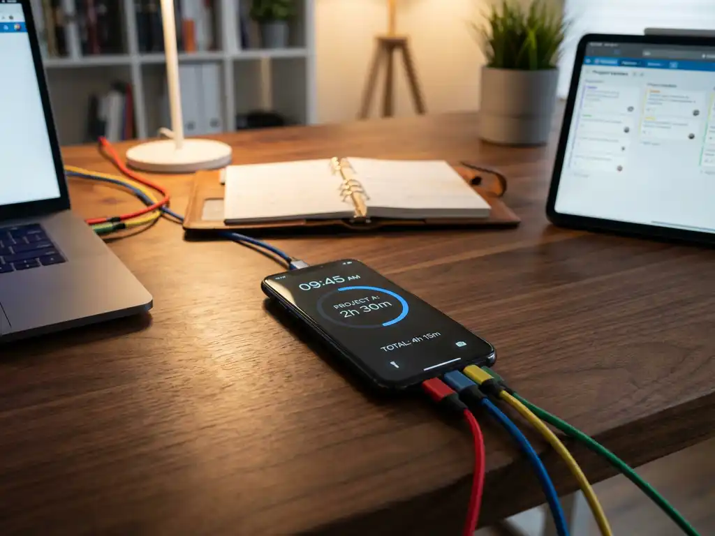 Smartphone met tijdregistratie-app op houten bureau, verbonden met laptop en tablets via kleurrijke kabels