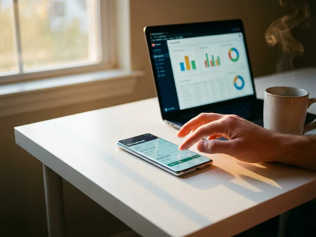 Smartphone met digitale urenregistratie-app op bureau naast laptop met productiviteitsanalyses en koffiekopje