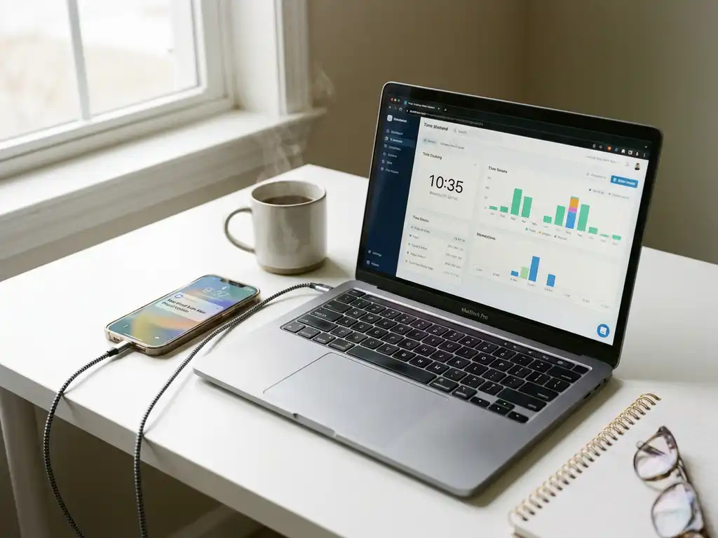 Moderne laptop met tijdregistratie-interface verbonden via USB-kabel met smartphone, op wit bureau naast koffiekop