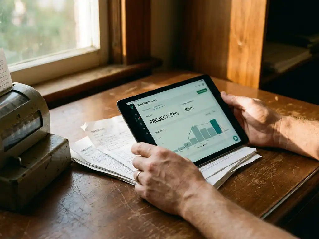 Hand met digitale tablet met tijdregistratie-interface op houten bureau naast papieren urenstaten en vintage prikklok