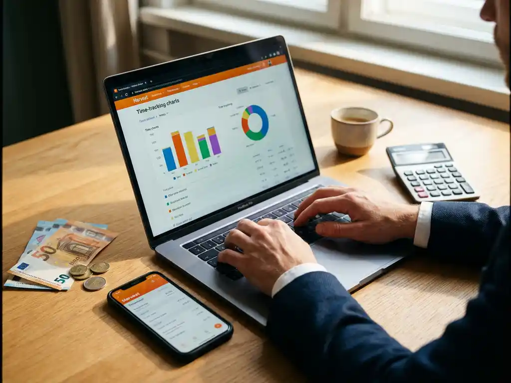 Professionele handen typen op laptop met tijdregistratie-grafieken, smartphone met timesheet-app, euro's en calculator op bureau