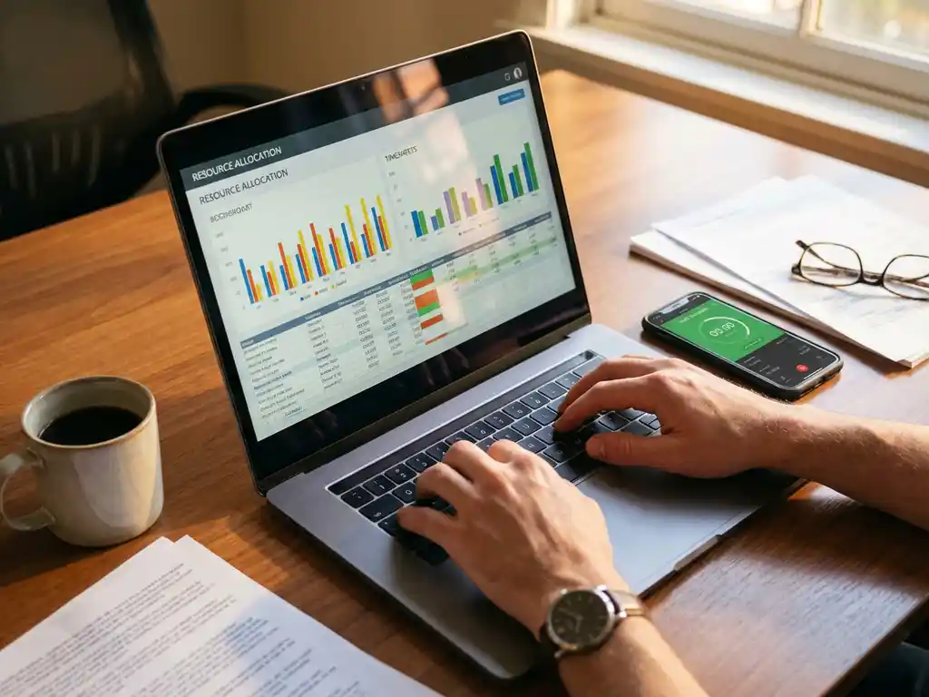Zakelijke handen typen op laptop met kleurrijke grafieken, smartphone met tijdregistratie-app en documenten op bureau