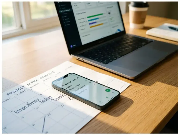 Smartphone met digitale timesheet-app op papieren kalender met projecttijdlijnen, laptop op achtergrond, kantoorbureau