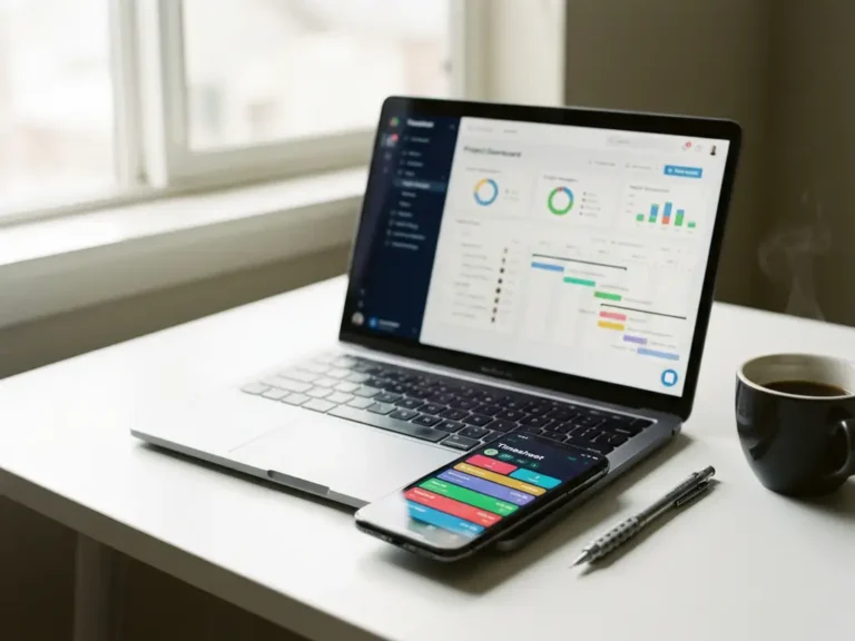 Smartphone met digitale tijdregistratie-app op laptop met projectplanning dashboard op wit bureau met koffie