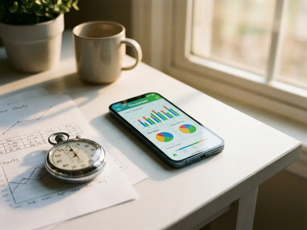 Smartphone met digitale timesheet-app op bureau naast stopwatch en productiviteitsgrafiekjes in natuurlijk licht