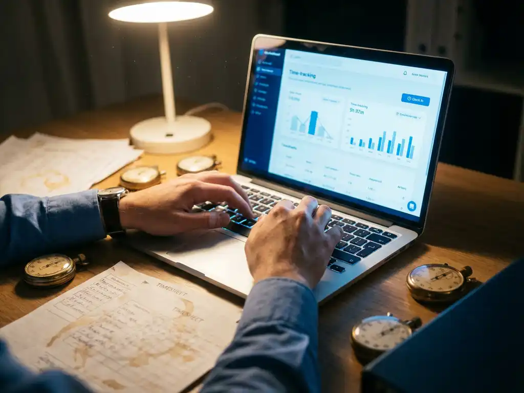 Professionele handen typen op laptop terwijl analoge stopwatches en papieren tijdregistratie worden vervangen door digitaal systeem