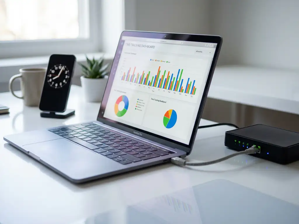 Moderne laptop toont kleurrijke tijdregistratie dashboard op wit bureau naast smartphone en router in kantoor