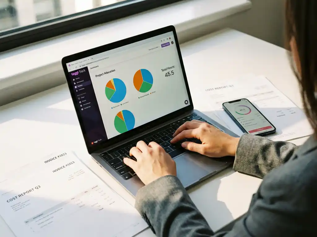 Professionele handen typen op laptop met tijdregistratie dashboard, smartphone en facturen op wit bureau
