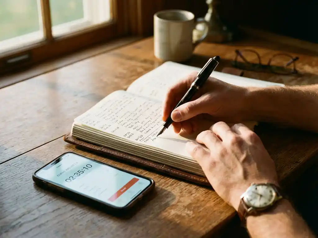 Professionele handen schrijven tijdregistratie in logboek met vulpen, smartphone met tijdtracking app op houten bureau