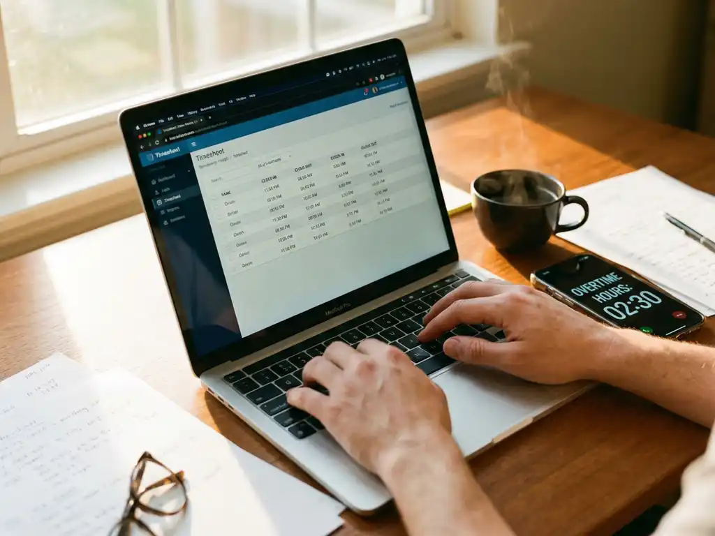 Handen typen op laptop met timesheet interface, smartphone toont overuren, koffiekop op houten bureau