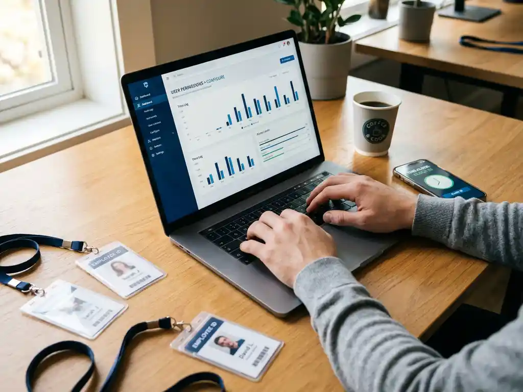 Laptop met digitale tijdregistratie-interface op bureau met werknemerskaarten, smartphone en koffiekop in modern kantoor