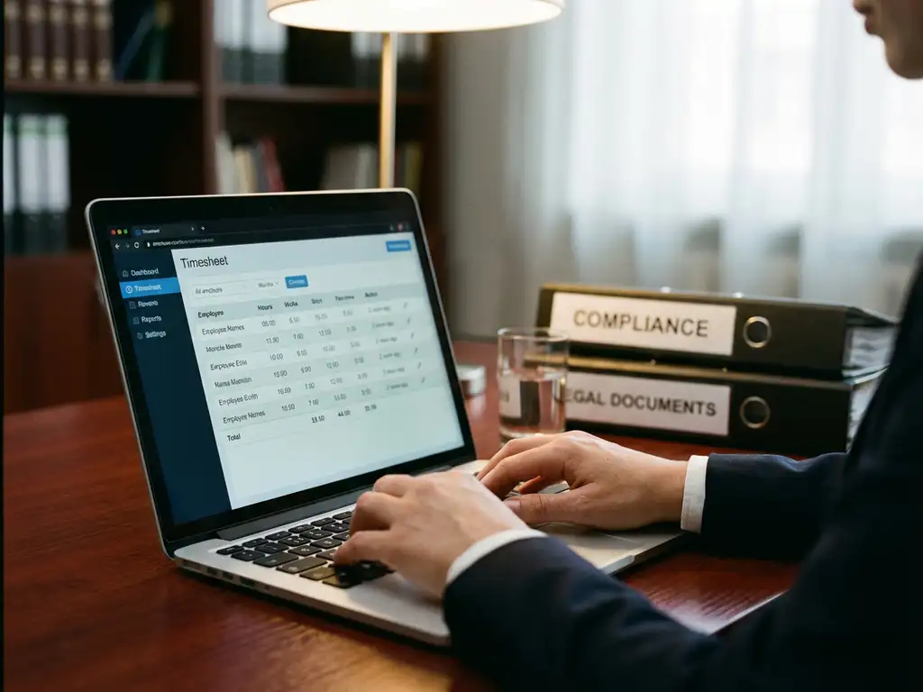 Zakenvrouw typt op laptop met digitale tijdregistratie-interface, compliance documenten op bureau