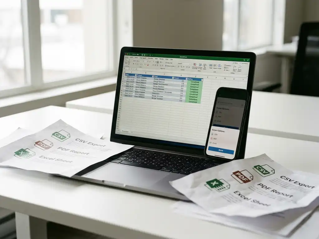 Moderne laptop met spreadsheet tijdregistratie, smartphone met export opties, CSV PDF Excel documenten op wit bureau