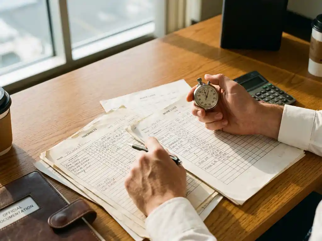 Professionele handen houden stopwatch vast bij tijdregistratie documenten op houten bureau met rekenmachine