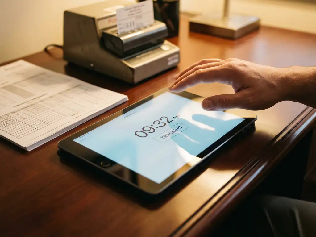 Hand boven digitale tijdregistratie-tablet op houten bureau naast papieren urenstaten en prikklok in kantoor