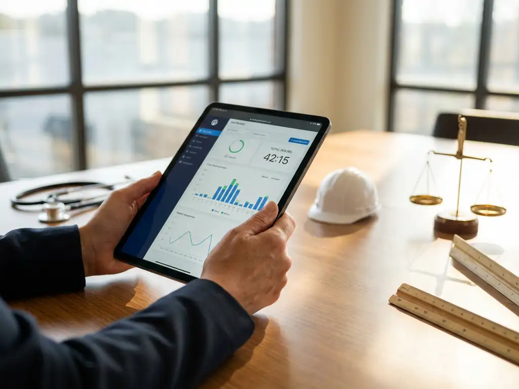 Zakelijke vrouw houdt tablet met tijdregistratie-interface op vergadertafel met professionele symbolen eromheen
