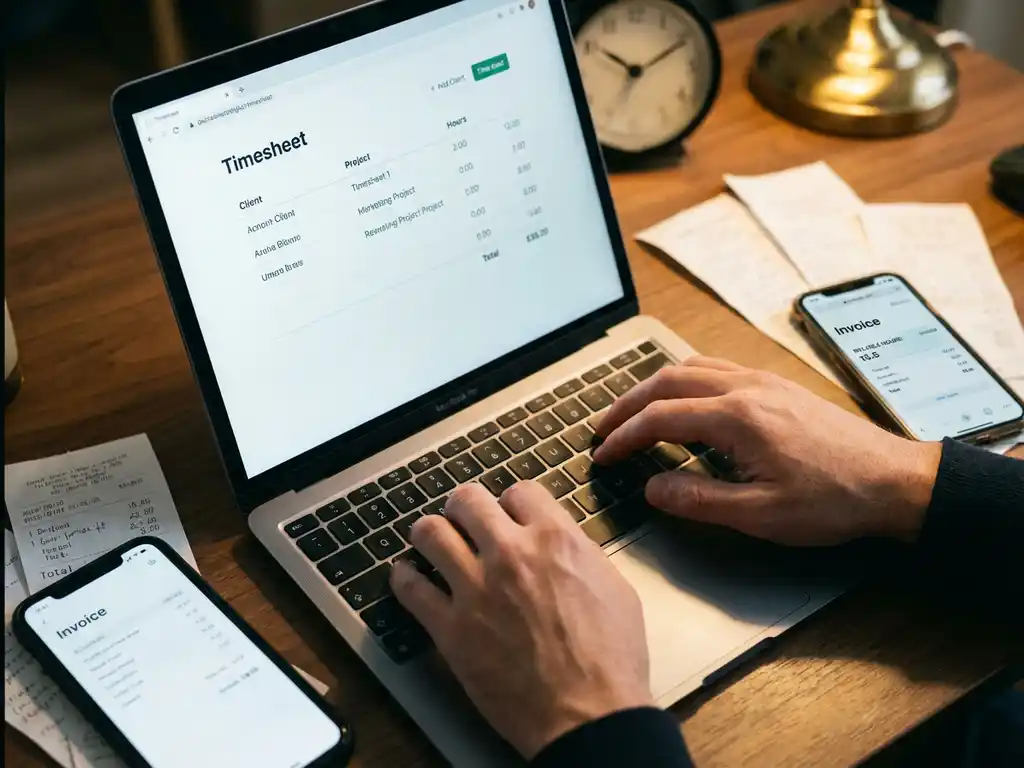 Handen typen op laptop met digitale urenregistratie en factuur op smartphone, papieren bonnetjes en klok op bureau