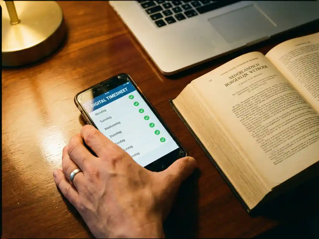 Hand houdt smartphone met digitale urenregistratie-app vast op bureau naast opengeslagen Nederlands wetboek en laptop