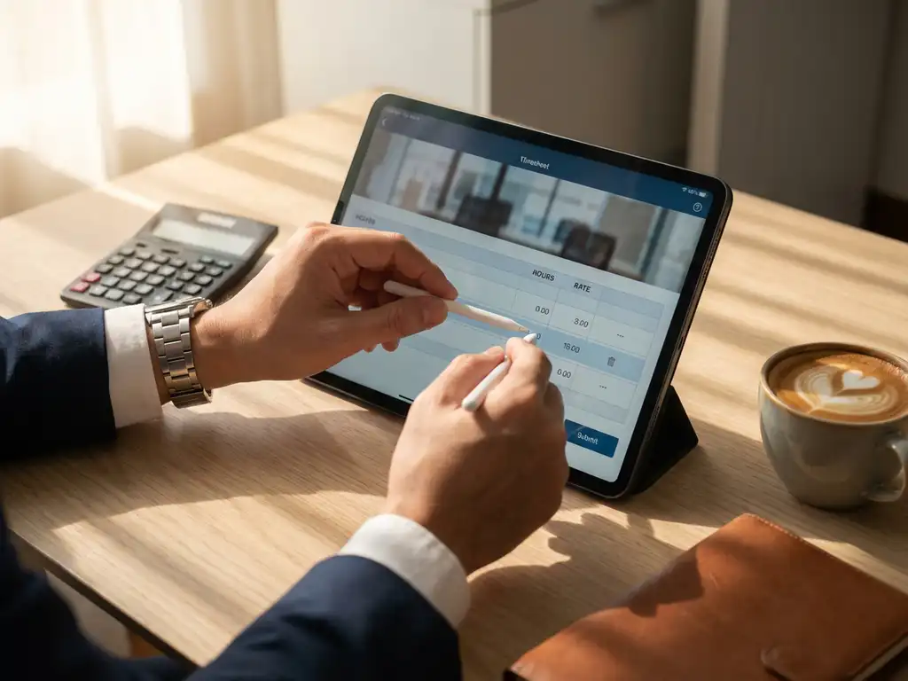 Professionele handen die uurtarieven aanpassen op tablet met digitale timesheet interface op modern bureau