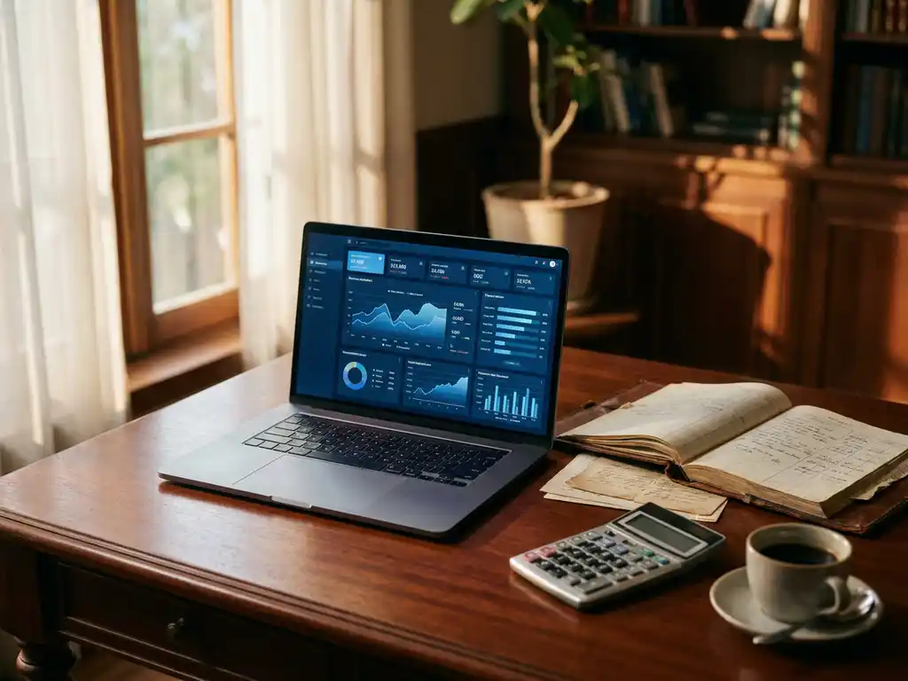 Moderne laptop met bedrijfsdashboard naast leren grootboek en rekenmachine op houten bureau in natuurlijk licht