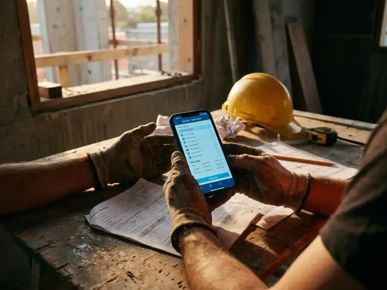 Bouwvakker houdt smartphone met digitale urenregistratie-app boven houten werkbank met papieren urenstaten en gele helm