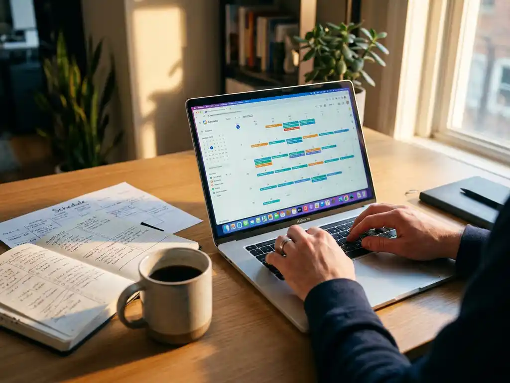 Persoon typt op laptop met digitale kalender terwijl papieren schema's op houten bureau liggen, koffiekopje ernaast