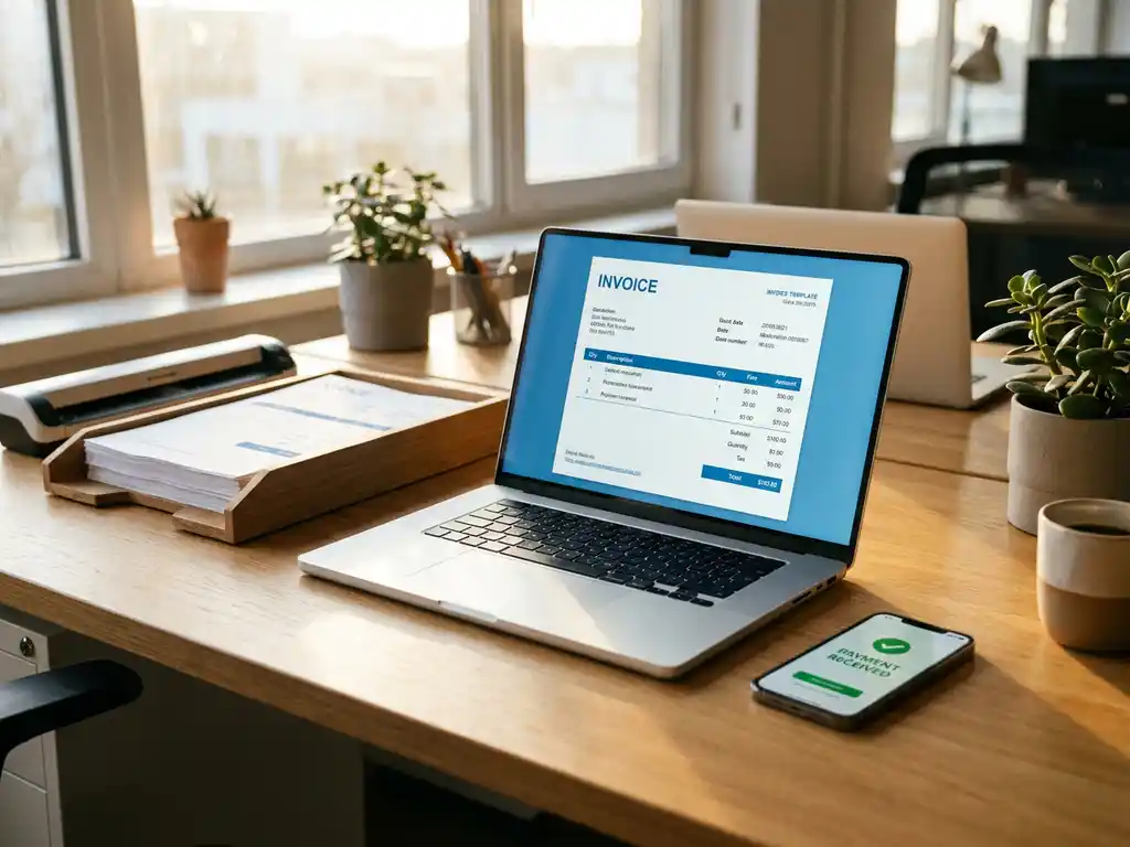 Laptop met digitale factuursjabloon op eiken bureau naast papieren facturen en smartphone met betalingsmeldingen