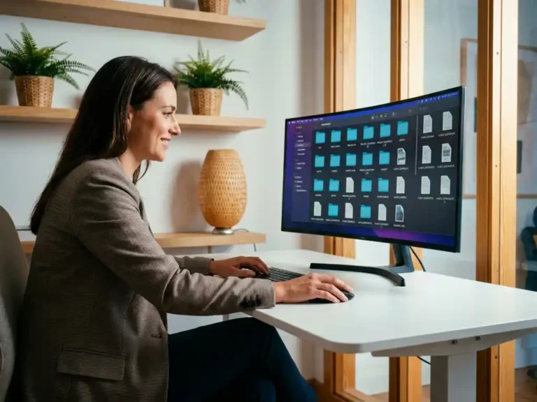 Kantoormedewerker organiseert digitale mappen op groot computerscherm in moderne werkruimte met planten